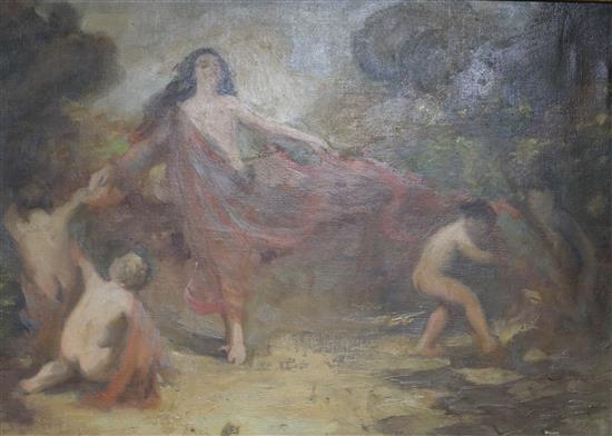 19th century English School, oil on canvas, Nymphs and cherubs in a landscape, 39 x 54cm